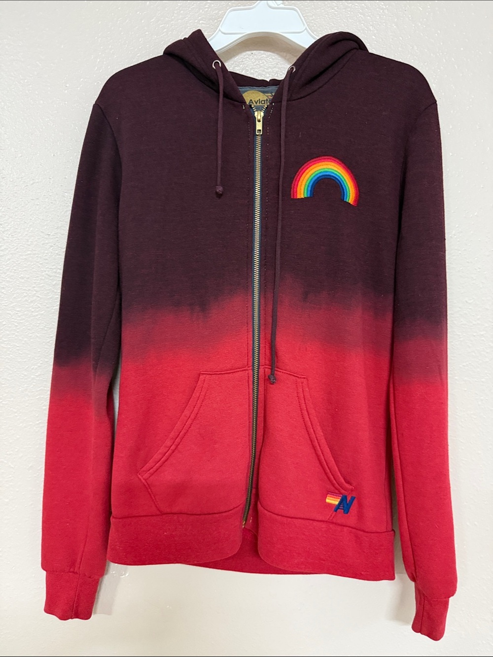 Aviator Nation Rainbow Embroidery Dip-Die Hoodie Burgandy to Red Ombre
